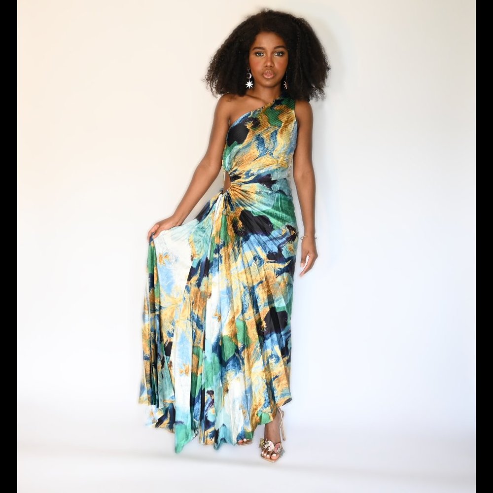 Blue and Gold of the Shoulder Accordion Dress